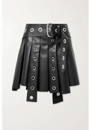 Off-White - Asymmetric Belted Eyelet-embellished Pleated Leather Mini Skirt - Black - IT40,IT42