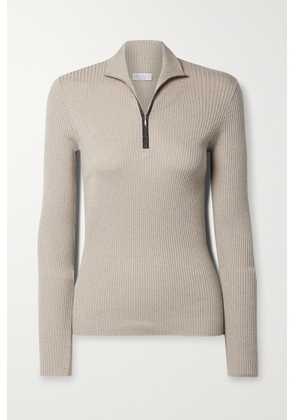 Brunello Cucinelli - Bead-embellished Ribbed Metallic Cashmere-blend Sweater - Brown - x small,small,medium,large,x large