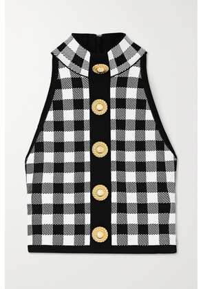 Balmain - Cropped Button-embellished Gingham Knitted Top - Black - FR34,FR36,FR38,FR40,FR42,FR44,FR46