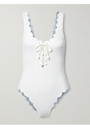 Marysia - Palm Springs Reversible Lace-up Scalloped Seersucker Swimsuit - White - x small,small,medium,large,x large,xx large