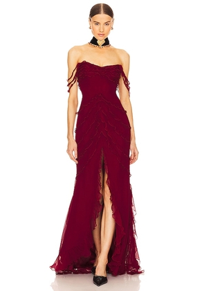 Mirror Palais Cascading Ruffle Gown in Wine. Size XS.