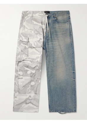 Balenciaga - Hybrid Wide-Leg Ripstop and Distressed Denim Drawstring Trousers - Men - Blue - S