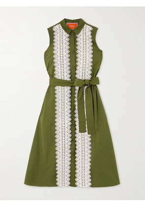 La DoubleJ - Tootsie Belted Lace-trimmed Cotton-poplin Midi Dress - Green - x small,small,medium,large,x large,xx large