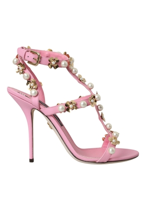 Dolce & Gabbana Pink Leather Embellished Heels Sandals Shoes - EU39/US8.5