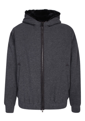 Canali Melange Grey Zip-Up Faux Fur Hoodie