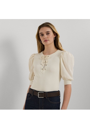 Lace-Up Stretch Cotton Puff-Sleeve Top