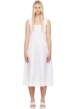 GANNI White Shirred Midi Dress