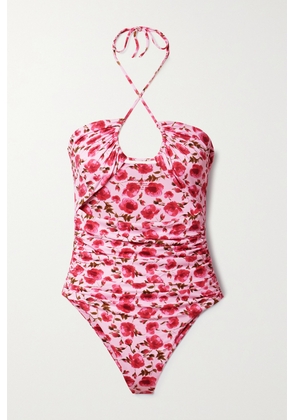 Magda Butrym - Cutout Ruched Floral-print Halterneck Swimsuit - Pink - FR34,FR36,FR38,FR40,FR42