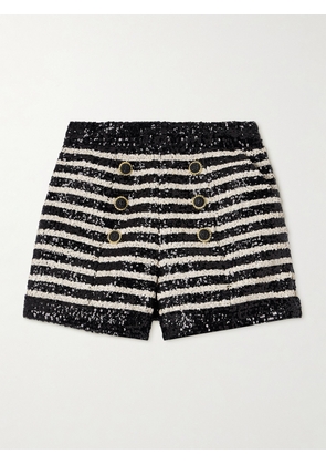 Balmain - Button-embellished Sequin-embellished Striped Knitted Cady Shorts - Black - FR34,FR36,FR38,FR40,FR42,FR44