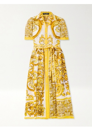 Dolce & Gabbana - Maiolica Belted Pleated Printed Cotton-poplin Midi Dress - Yellow - IT36,IT38,IT40,IT42,IT44,IT46,IT48,IT50