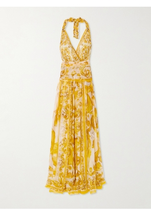 Dolce & Gabbana - Maiolica Open-back Pleated Printed Silk-chiffon Halterneck Maxi Dress - Yellow - IT38,IT40,IT42,IT44