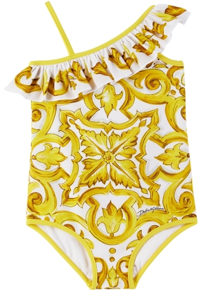 Dolce & Gabbana Kids White & Yellow Majolica Print Swimsuit