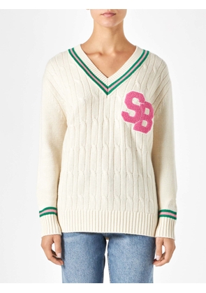 MC2 Saint Barth Woman V-neck Braided Sweater With Patch