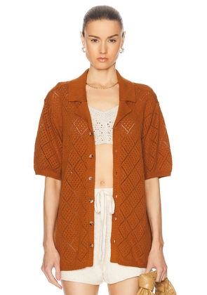 WAO Open Knit Camp Shirt in Brown - Brown. Size M (also in L, S, XL/1X, XS).