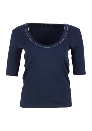 Fabiana Filippi Ribbed Cotton T-shirt With U-neck, Elbow-length Sleeves Embellished With Rows Of Monili On The Neck And Sides