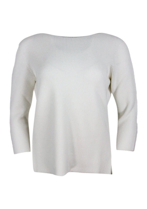 Fabiana Filippi Long-sleeved Boat-neck Sweater In Wool And Cotton Embellished With Brilliant Monili On The Neck