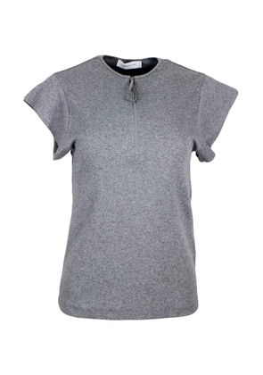 Fabiana Filippi Short-sleeved Round-neck Cotton Jersey T-shirt With Zip And Embellished With Rows Of Brilliant Jewels On The Zip Puller
