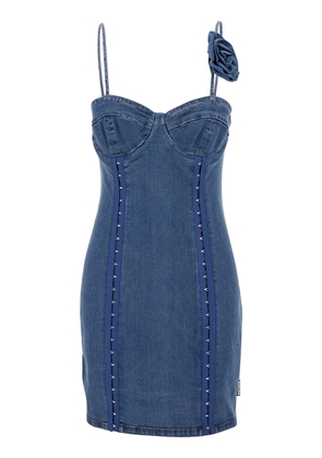 Rotate by Birger Christensen Mini Blue Dress With Rose Detail In Cotton Denim Woman
