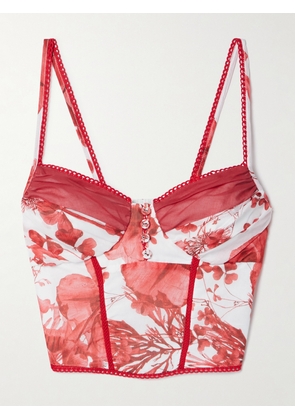 Charo Ruiz - Peisy Cropped Scalloped Floral-print Cotton-blend Bustier Top - Red - x small,small,medium,large