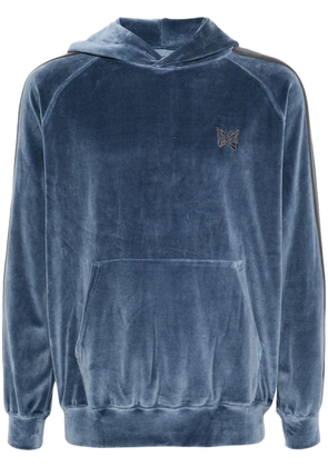Needles logo-embroidered velvet-effect hoodie - Blue