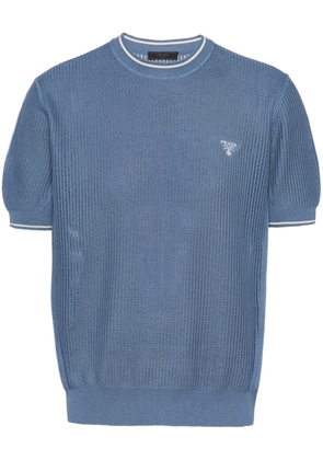 Prada logo-embroidered open-knit T-shirt - Blue