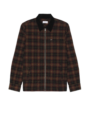 SATURDAYS NYC Ryan Zip Front Flannel Shirt in Black - Brown. Size S (also in XL/1X).