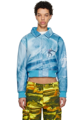 ERL Blue Graphic Leather Bomber Jacket