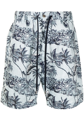 Pt01 botanical-print cotton deck shorts - Blue