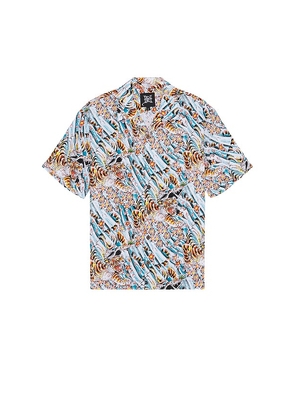 Ed Hardy Tiger Flower Camp Shirt in Blue. Size L, XL/1X, XXL/2X.