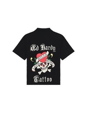 Ed Hardy Love Kills Slowly Skull Camp Shirt in Black. Size L, XL/1X, XXL/2X.