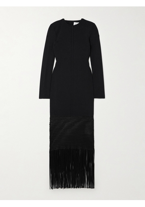 Galvan - Fringed Macramé-trimmed Knitted Midi Dress - Black - x small,small,medium,large,x large