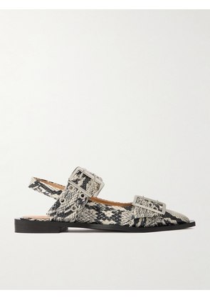 GANNI - Buckled Eyelet-embellished Snake-effect Recycled Faux Patent-leather Ballet Flats - Animal print - IT36,IT37,IT38,IT39,IT40,IT41