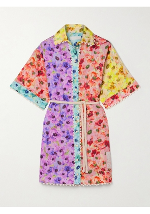 Zimmermann - Lightburst Belted Crochet-trimmed Floral-print Cotton Mini Shirt Dress - Multi - 00,0,1,2,3,4
