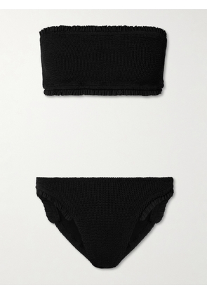 Hunza G - Tracey Frill Ruffled Seersucker Bandeau Bikini - Black - Beachwear One Size