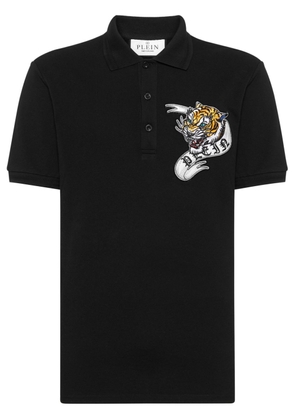 Philipp Plein tiger-appliqué cotton polo shirt - Black