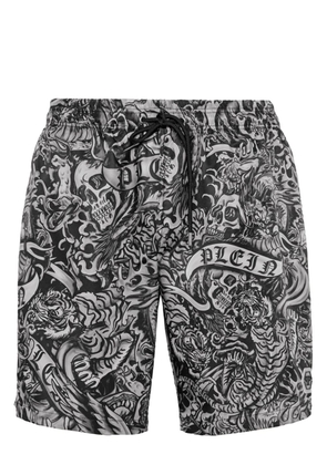 Philipp Plein Tattoo-print drawstring swim shorts - Black