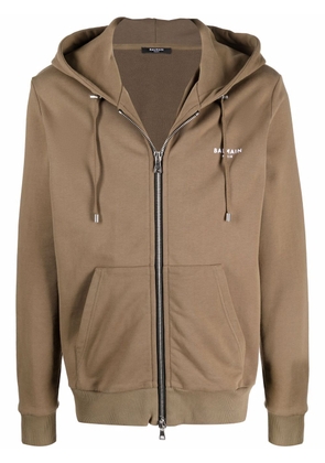 Balmain embroidered-logo organic cotton hoodie - Brown