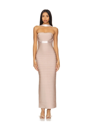 Herve Leger Reverse Halter Sequin Bandage Gown in Nude. Size XS.