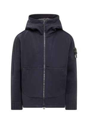Stone Island Blue Knit Jacket With Logo Patch In Wool Blend Man