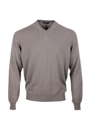 Colombo Long-sleeved V-neck Sweater In Fine 2-ply 100% Kid Cashmere With Special Processing On The Edge Of The Neck