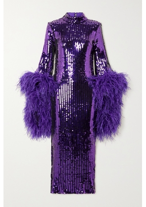 Taller Marmo - Del Rio Disco Feather-trimmed Sequined Tulle Midi Dress - Purple - IT36,IT38,IT40,IT42,IT44,IT46,IT48