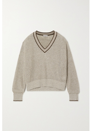 Brunello Cucinelli - Piped Sequined Linen-blend Sweater - Neutrals - xx small,x small,small,medium,large,x large,xx large