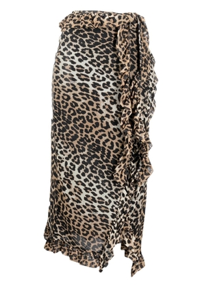 GANNI ruffled leopard-print midi skirt - Brown
