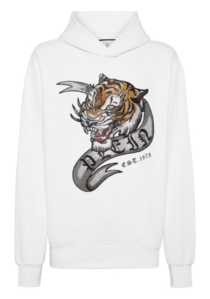Philipp Plein crystal-embellished tiger-print hoodie - White