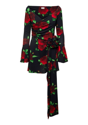 Magda Butrym Black Flared Mini-dress With Floral Print All-over In Viscose Woman