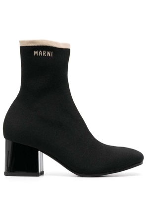 Marni Black Ankle Boot In Leather With Medium And Wide Heel Ecru-colored Details