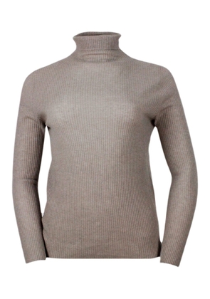 Fabiana Filippi Lightweight Turtleneck Long-sleeved Sweater In Soft And Fine Wool, Silk And Cashmere With Small Rib Knit