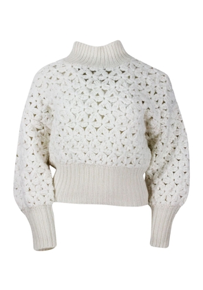 Fabiana Filippi Long-sleeved High-neck Sweater In Soft And Precious Wool, Silk And Cashmere With Flower Processing And Hand-made And Embellished With Micro-sequins