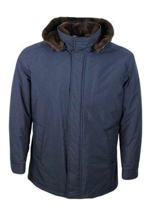 Barba Napoli 3/4 Length Luxury Jacket Padded In Technical Fabric With Precious And Precious Lapin Lining And Detachable Hood. Zip Closure And Front Pockets