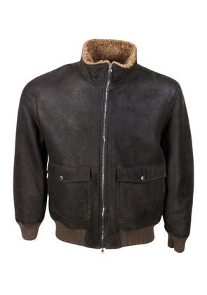 Barba Napoli Bomber Jacket In Fine And Soft Shearling Sheepskin With Stretch Knit Trims And Zip Closure. Front Pockets